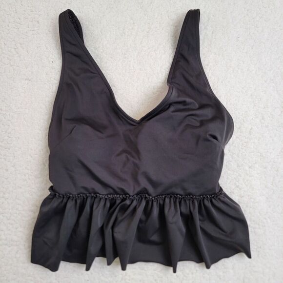 Kortni Jeane Swim Top Small Peplum Ruffled V Neck Solod Black Swimsuit - Picture 1 of 7